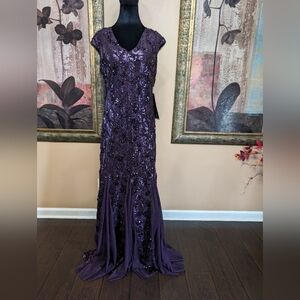 NEW Women's Alex Evenings Long V-Neck Sequin Mermaid Plum Sleeveless Dress